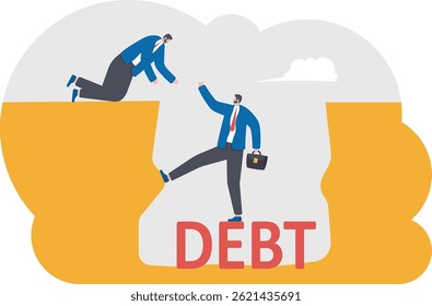 Businessman helping businessman climb up from debt hole,

