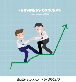 Businessman helping each other on top of graphic chart. Business concept. Flat design illustration. 
