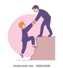 businessman helping each other to reach the goal, businessman climbing the rock as business achievement, business concept