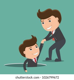 Businessman helping his friend by take him out from the hole. vector illustration.