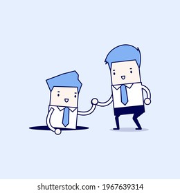 Businessman helping his friend by take him out from the hole. Cartoon character thin line style vector.