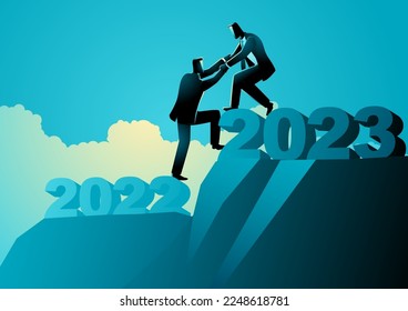 Businessman helping his friend climbing the year 2023, teamwork success, coaching in business concept