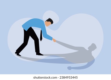 businessman helping his own shadow to stand up. Believe in yourself 2D flat vector concept for banner, website, illustration, landing page, flyer, etc