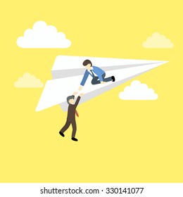 Businessman helping his partner to get on paper air plane.