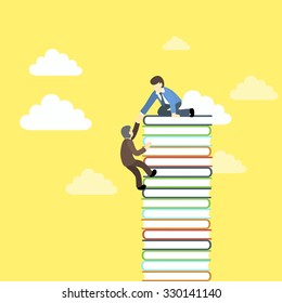 Businessman helping his partner to get on pile of books.