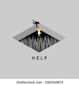 businessman helping the worker,Man tries to pull a woman out of Spike trap hole,Help 