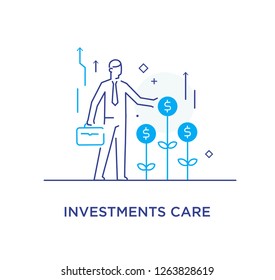 Businessman helps grow incomes. Propose ideas. performance schedule. Vector illustration Eps10 file. Success, growth rates. Line icon illustration