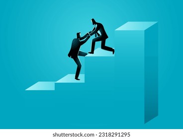 Businessman helps his colleague climbing graph chart, team work, regeneration sucess in business concepts