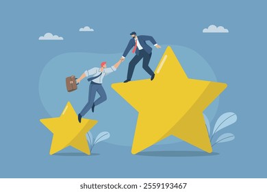 Businessman helps his teammates to go from small star to big star, Support or consulting for business success, Business assistance, Team friendship. Flat vector design illustration.
