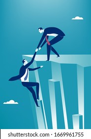 Businessman Helps The Other Entrepreneur Reach The Goal And Climb The Cliff. Business Vector  Illustration.