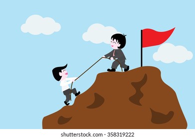 The businessman helps the partner to get on the top. Vector