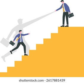Businessman helps partner to rise to top red bar graph. People work together to achieve goal

