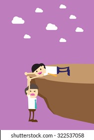 Businessman helps to pull another from bottom of cliff. Cartoon flat design