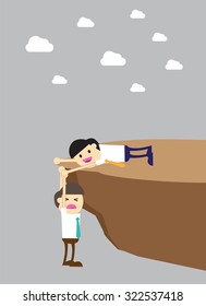 Businessman helps to pull another from bottom of cliff. Cartoon flat design