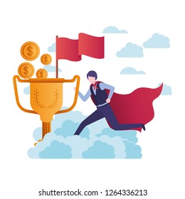 businessman with hero cape and trophy