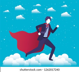 businessman with hero coat running in the sky