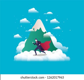 businessman with hero coat running in the sky and mountain