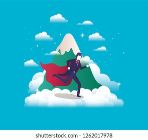 businessman with hero coat running in the sky and mountain