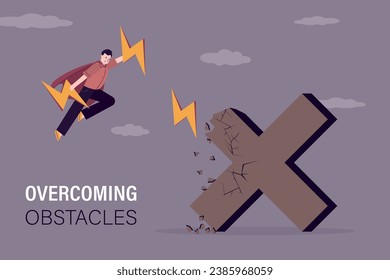 Businessman hero flying and throw lightnings in big cross sign. Ambitious person is not afraid of mistakes for career growth or being more professional, overcoming obstacles and failures. flat vector