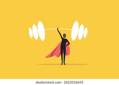 Businessman hero show his strength by easy lifting heavy weight