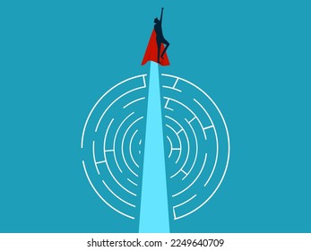 Businessman hero takes a shortcut through a circular maze. Simple ideas that are effective in solving difficult problems