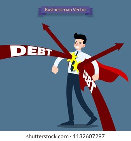 Businessman hero who wear a red cape standing and stay hardy from arrow debt that attack him.