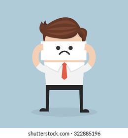 Businessman hide his real face by holding bad mood mask. flat design. vector