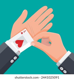 Businessman hides aces playing cards in his sleeve. Ace in the pocket. Concept of backup or plan B, second chance. Cheating at play, luck or business success. Flat vector illustration