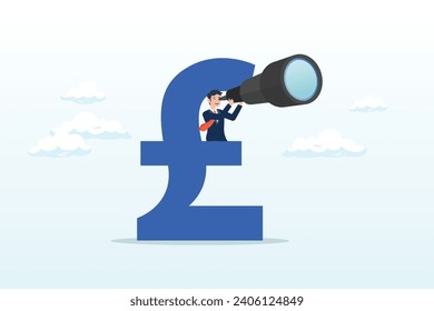 Businessman hiding behind large UK currency pound using binoculars to see future, UK, United Kingdom economy forecast, financial or business visionary, England investment profit opportunity (Vector)