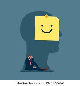 Businessman hiding sadness under mask. Mask your emotions with a fake smile. Flat vector illustration.