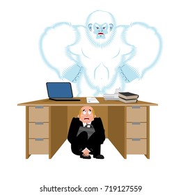 Businessman Hiding Under Desk, Scared Of Yeti