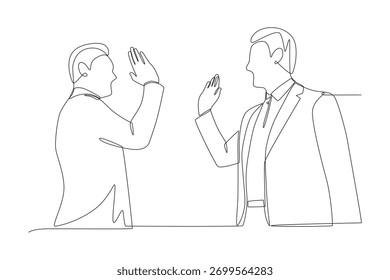 Businessman high five concept one-line drawing