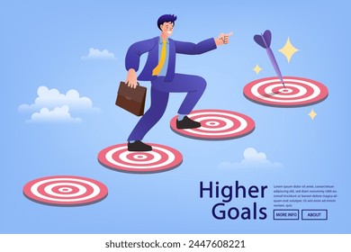 Businessman with higher goals. Success man climb up ladder reaching goal and looking for next step. the way forward or next level, higher business goal or aspiration. Vector design illustration.