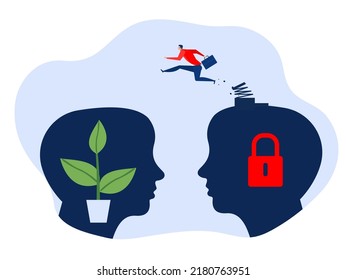 businessman high-jumps over fixed mindset forward to new growth mindset . Business and competitions. Personal growth. Overcome your-self. thinking design concept illustrator vector