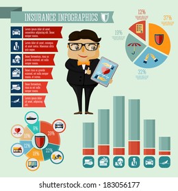 Businessman hipster boy insurance company agent infographic presentation design elements with icons charts and graphs vector illustration