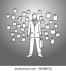businessman with his briefcase standing among sticky paper notes hanging on the wall vector illustration doodle sketch hand drawn with black lines isolated on gray background. Business concept. 