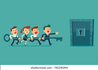 Businessman and his business team holding big key together and try to unlock the metal door. Business teamwork concept.