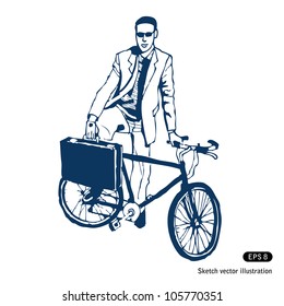 Businessman with his case and bike. Hand drawn sketch illustration isolated on white background