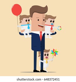 Businessman with his children . Vector illustration of a flat design