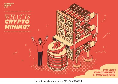 A businessman with his Crypto currency mining farm server. Computer GPU machines in a big data center. Farm for mining bitcoins. Vector flat illustration. The best for isometric style infographic.