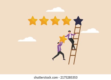 Businessman and his friend holding 5th star climb up ladder to put on best rating. Product Rating Concept. Flat vector illustration isolated. 