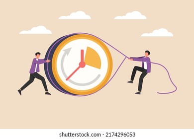 Businessman and his friend push and pull needle to maximum. Optimization business concept. Colored flat graphic vector illustration isolated.