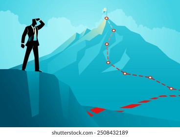 Businessman with his hand on his forehead to see better into the mountain top in the distance. For strategic planning and visionary materials, it symbolizes foresight, ambition, and future planning