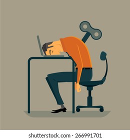 Businessman his head on a laptop keyboard with wind up key boring job. Vector, Illustration.