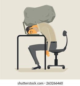 Businessman with his head squeezed between a laptop keyboard and a rock. Vector, Illustration.