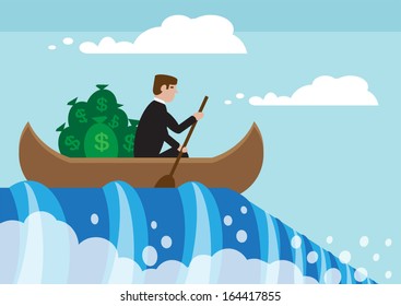 A businessman and his investment in a canoe, nearing the edge of a big waterfall. A Metaphor on risky investments.