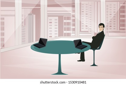 Businessman in his office - cityscape behind a large window - illustration, vector. Modern office interior.