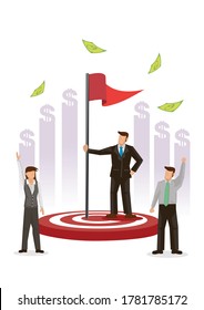 Businessman with his red flag on the target board. Concept of goal achievement, success, leadership, motivation or teamwork. Flat cartoon character vector illustration isolated on a white background.