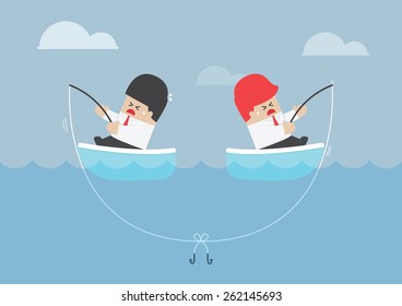 Businessman and his rival having trouble with fishing rod, VECTOR, EPS10
