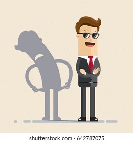 Businessman and his shadow. Happy business man in suit stand crossing hands on chest. And his unhappy shadow with empty pockets next to him. Vector, illustration, flat.